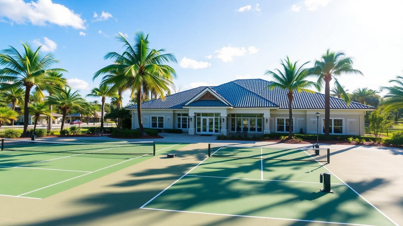 Resort clubhouse and pickleball courts in a coastal Florida 55+ community