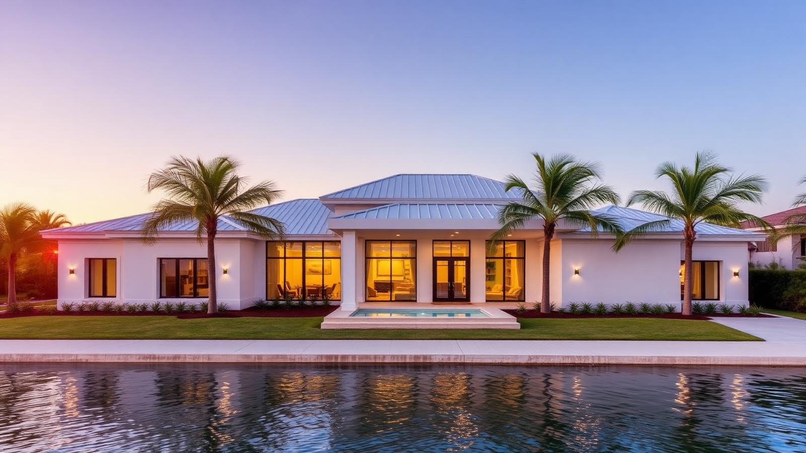 Luxury new-construction coastal Florida home at golden hour with pool and palm trees