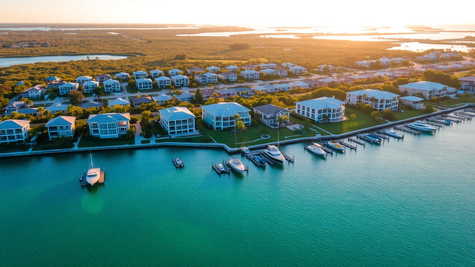 Aerial view of a Treasure Coast waterfront neighborhood with docks and turquoise water